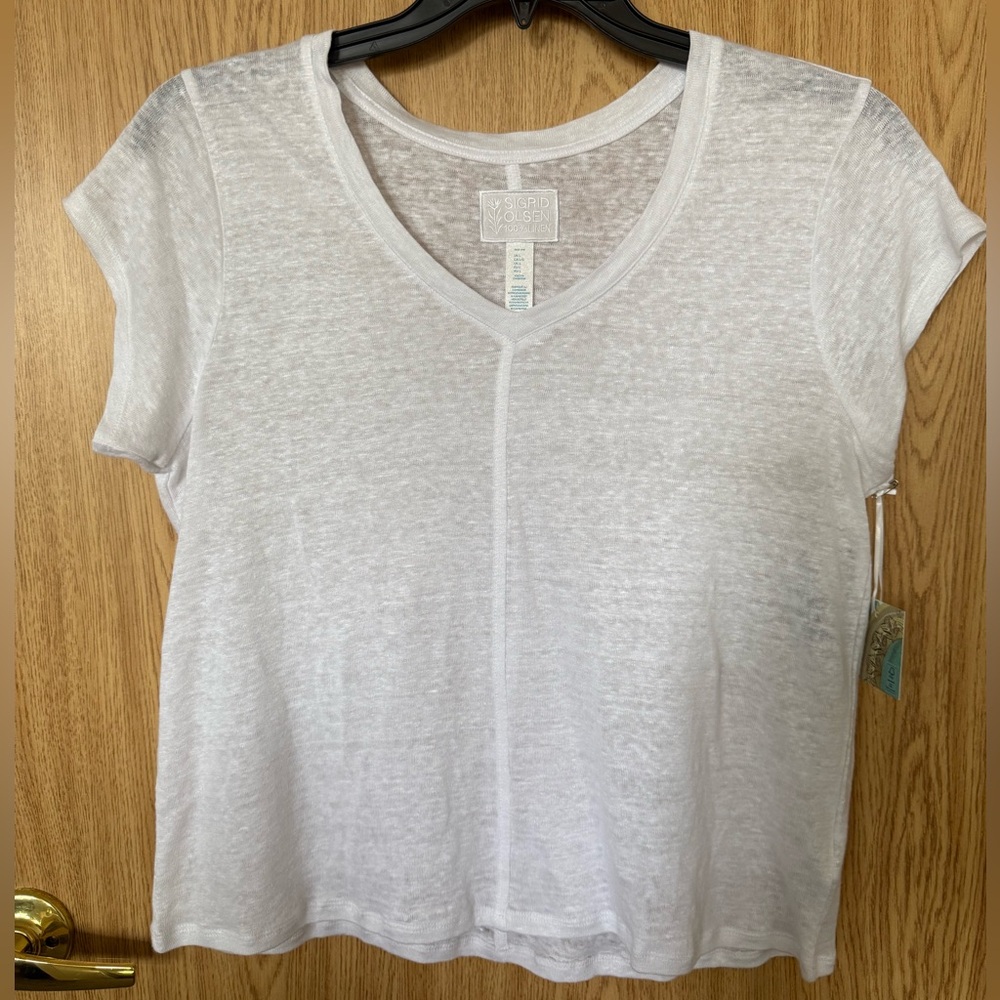 New Sigrid Olsen White 100 Linen V-Neck Top